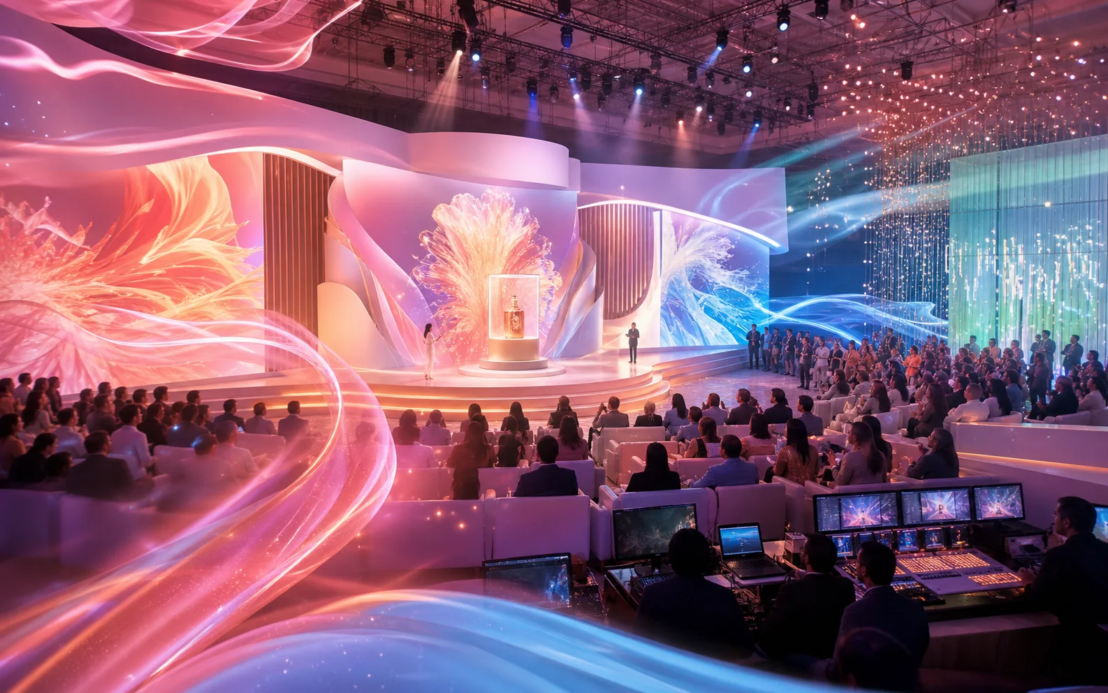 A luminous brand launch with an experiential stage and live audience
