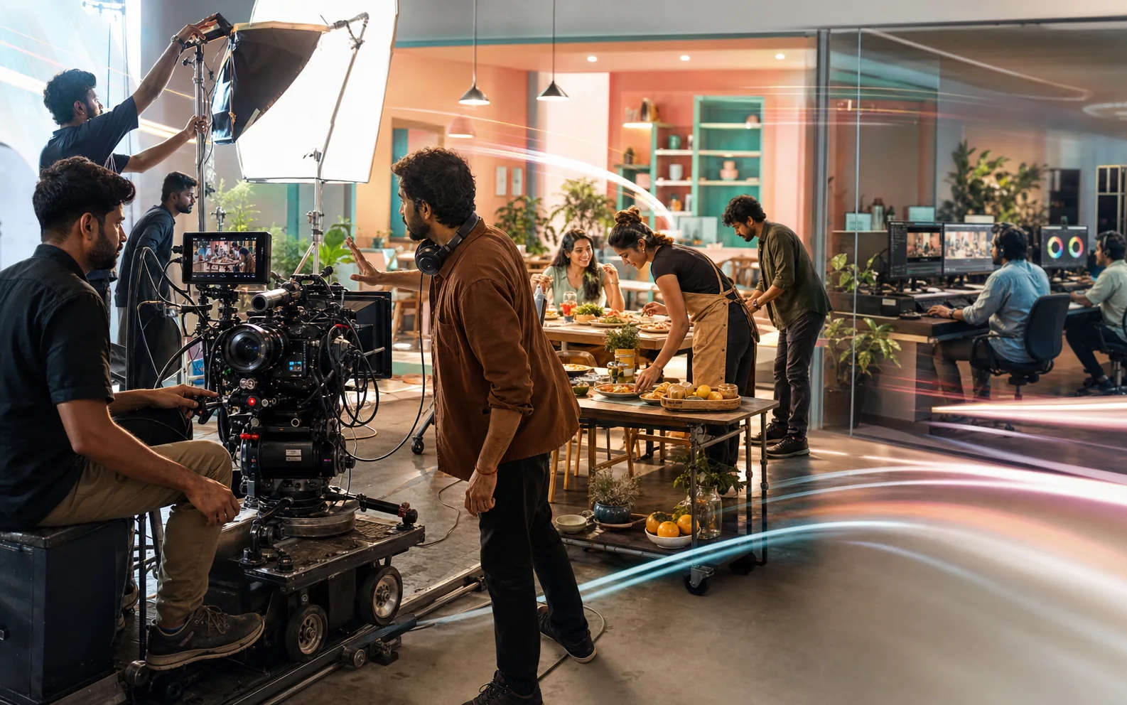 A professional film crew producing a colorful restaurant commercial beside a post-production studio