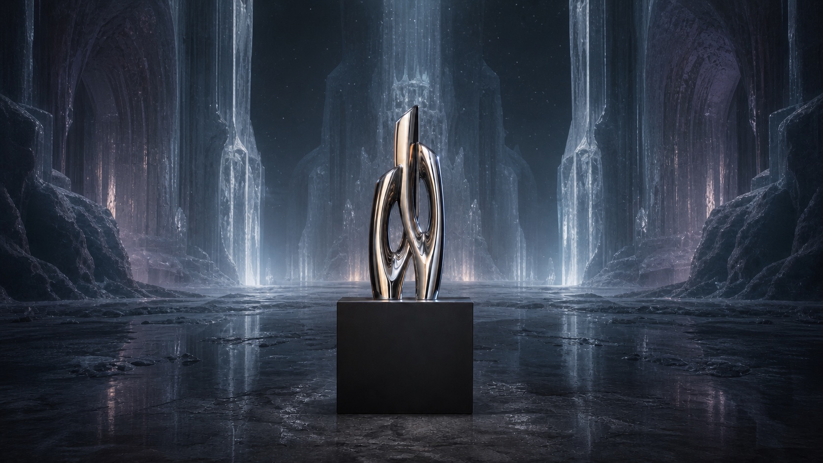 The same chrome sculpture inside a vast generated glacial environment