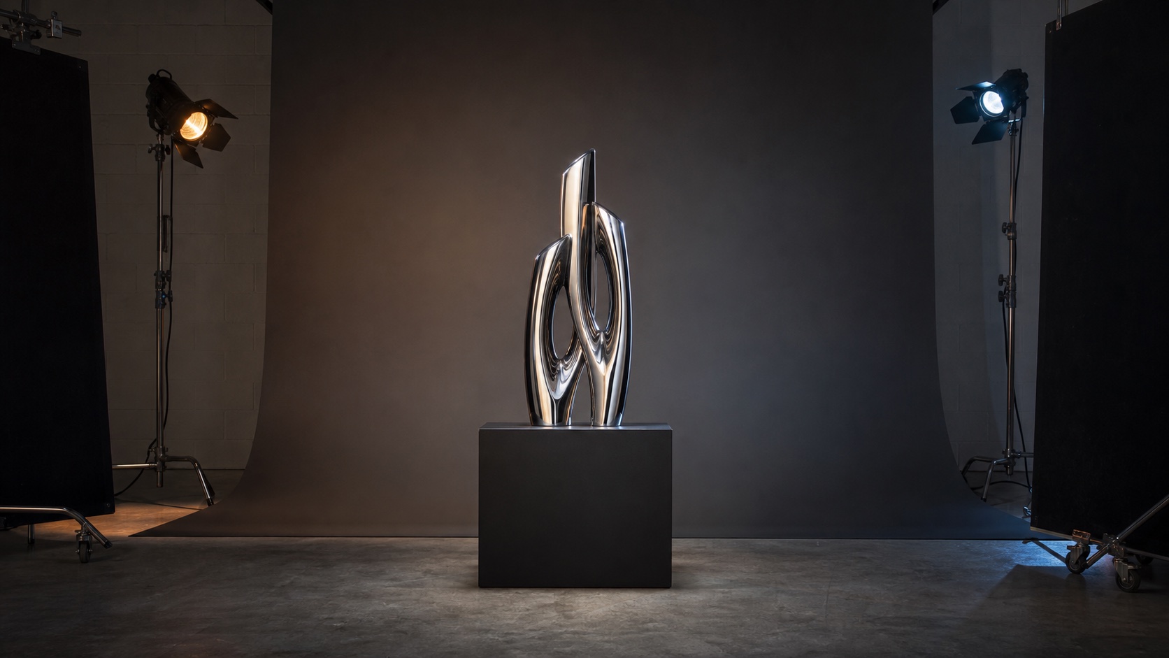 A chrome sculpture photographed on a finite physical studio set